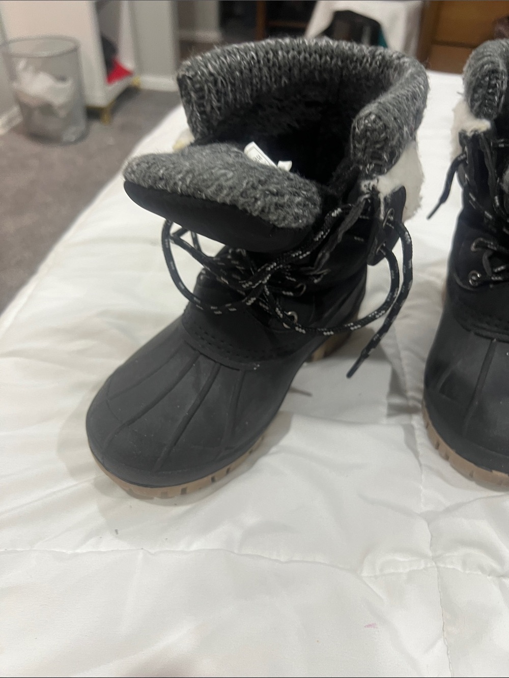 Boys Black Winter Duck Boots with Grey Fleece Lining
